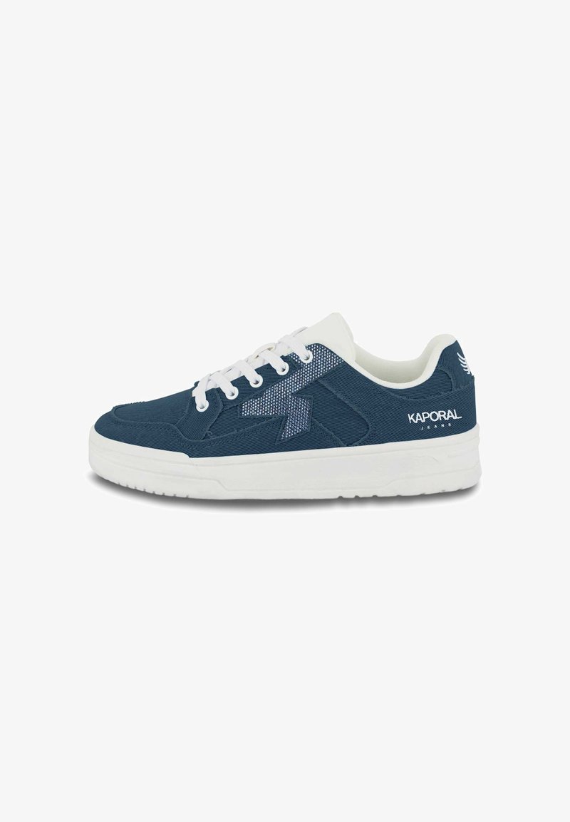 Navy blue sneakers with white accents; made of textured fabric, featuring a prominent zigzag design and cushioned sole for comfort.