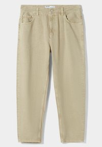 Jeans beige dal taglio comodo con cinque tasche, dettagli in metallo e una texture morbida. Presentano una chiusura con zip e passanti per cintura.