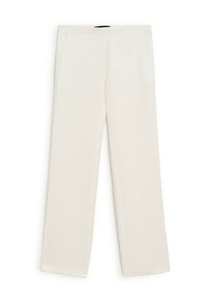 Wide-leg trousers in light beige fabric, featuring two front pockets, smooth texture, and a minimalist design.