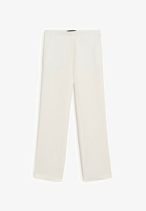 Wide-leg trousers in light beige fabric, featuring two front pockets, smooth texture, and a minimalist design.