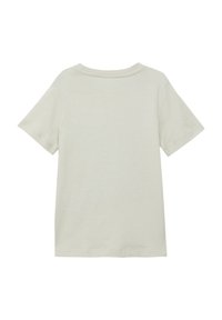 Licht beige t-shirt met korte mouwen van zacht katoen. Heeft een ronde halslijn en een eenvoudig ontwerp zonder zichtbare patronen of graphics.