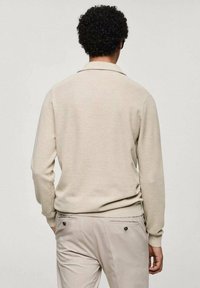 Beige strikket sweater med lange ærmer og krave, der har et struktureret mønster. Bagsiden viser et rent design og en afslappet pasform.