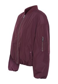 Veste bomber bordeaux avec zip devant, col côtelé, ourlet élastiqué et une poche latérale avec détail de zip sur la manche.