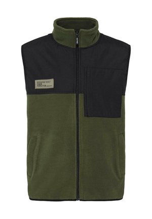 Fleece vest in olive green with a black upper section, featuring a front zipper, two side pockets, and a chest pocket with a label.