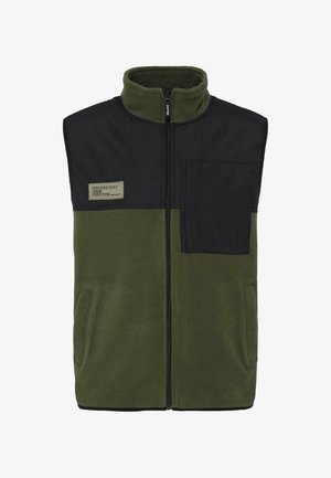 Gilet in fleece verde oliva con una parte superiore nera, dotato di una zip frontale, due tasche laterali e una tasca sul petto con un'etichetta.