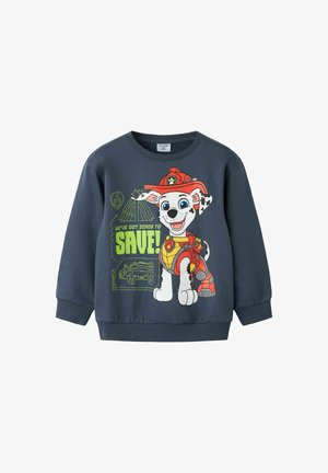 Sweat-shirt bleu marine pour enfants avec un chien pompier dalmatien en dessin animé et texte "We've got dinos to save!" en vert et rouge.