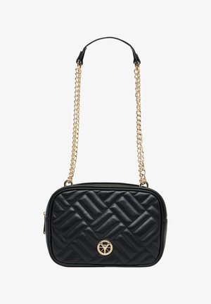 Schwarze, gesteppte Leder-Umhängetasche mit goldfarbener Kettenriemen und rundem goldfarbenem Emblem auf der Vorderseite.