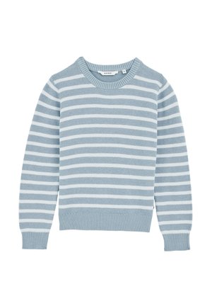 Blau-weißer gestreifter Pullover mit Rundhalsausschnitt, gestrickter Textur und gerippten Bündchen und Saum; mit einer lässigen Passform.