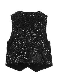 Schwarze Paillettenweste mit taillierter Form, rundem Ausschnitt und Cut-out-Detail am Rücken. Mit durchgehend glitzernden Pailletten und glatter Textur.