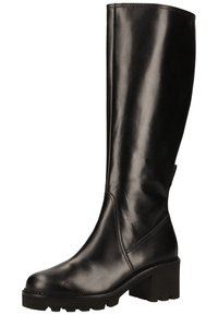 Botas de cuero negras hasta la rodilla con una textura suave, puntera redonda y tacón cuadrado grueso. Diseño sencillo con detalles de costura sutiles.
