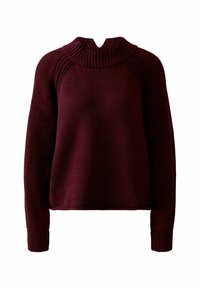 Burgundy sweater with a high, ribbed neckline and raglan sleeves. Features a textured stitch pattern and fitted ribbed cuffs.