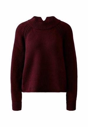 Burgunderfarbener Pullover mit hohem, geripptem Kragen und Raglanärmeln. Verfügt über ein strukturiertes Maschenmuster und enganliegende, gerippte Bündchen.