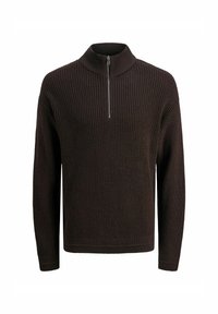 Dunkelbrauner, gerippter Pullover mit hohem Kragen und kurzem Reißverschluss, ausgestattet mit langen Ärmeln und einem strukturierten Strickmuster.