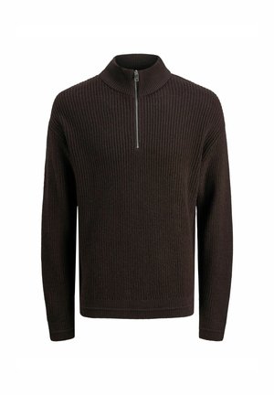 Dark brown ribbed sweater with a high collar and short zip closure, featuring long sleeves and a textured knit pattern.