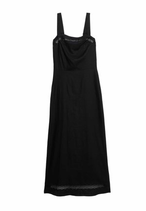 Vestido midi negro sin mangas con tirantes anchos, escote cuadrado, borde de encaje en el busto y dobladillo, y falda ligeramente acampanada.