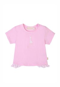 T-shirt rosa a maniche corte con ricamo di giraffa e orlo decorativo a volant. Realizzato in morbido cotone, presenta bottoni a pressione per una facile vestibilità.
