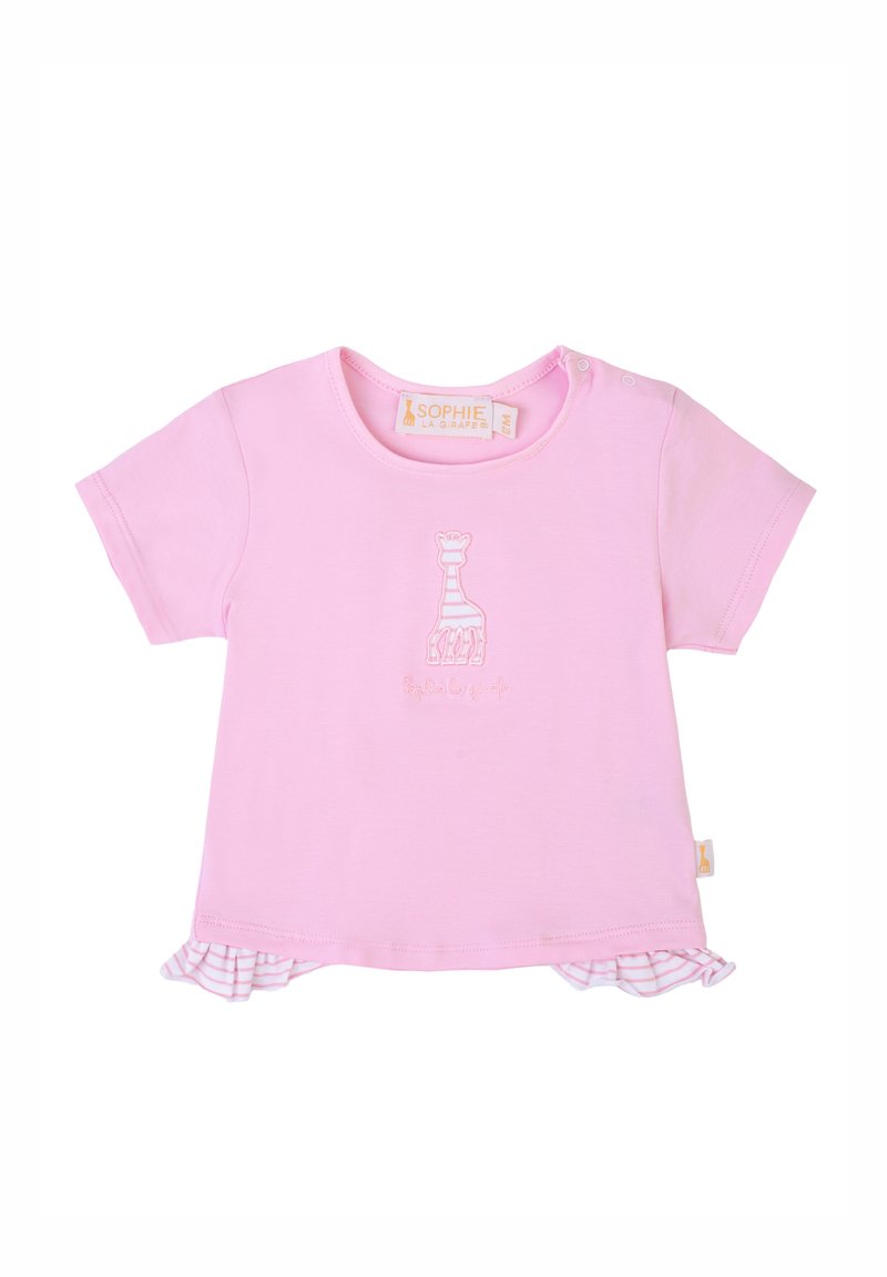 T-shirt rosa a maniche corte con ricamo di giraffa e orlo decorativo a volant. Realizzato in morbido cotone, presenta bottoni a pressione per una facile vestibilità.