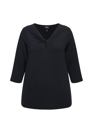 Blusa nera con scollo a V, maniche a tre quarti e dettaglio a torsione sul davanti. Realizzata in materiale morbido ed elastico per il massimo comfort.