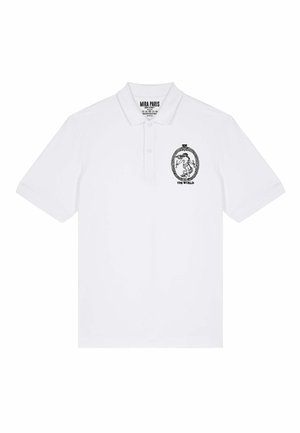 Witte polo shirt van katoen, voorzien van een zwart grafisch embleem met de tekst "DE WERELD" op de linkerkant van de borst. Korte mouwen en kraagontwerp.