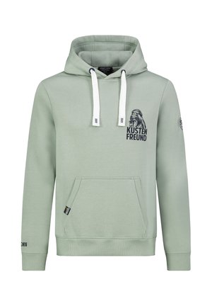 Lichtgroene hoodie met witte trekkoorden, een voorzak en een zwarte afbeelding van een walrus die een beanie draagt met de tekst "KÜSTEN FREUND".