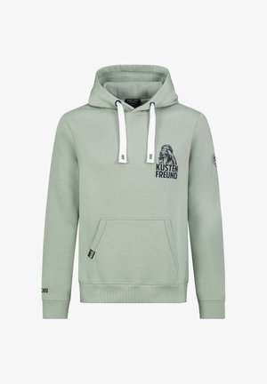 Lichtgroene hoodie met witte trekkoorden, een voorzak en een zwarte afbeelding van een walrus die een beanie draagt met de tekst "KÜSTEN FREUND".