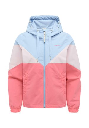 Hellblaue, blassrosa und korallenfarbene Kapuzenjacke mit Farbblockdesign, Frontreißverschluss, Kordelzügen, zwei Seitentaschen und elastischen Bündchen.