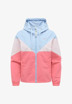 Hellblaue, blassrosa und korallenfarbene Kapuzenjacke mit Farbblockdesign, Frontreißverschluss, Kordelzügen, zwei Seitentaschen und elastischen Bündchen.