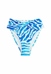Bikini-Unterteil in Blau und Weiß mit einem Wickeldesign, das wasserfarbige Zebra-Streifen in verschiedenen Blautönen aufweist und eine glatte Textur hat.