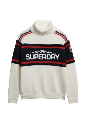 Kremfarvet rullekravebluse med marineblå og røde vandrette striber. Har "SUPERDRY"-logo, bjerggrafik samt ribbede ærmeafslutninger og kant.