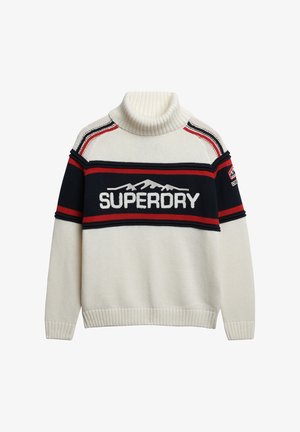 Pull à col roulé crème avec des rayures horizontales bleu marine et rouges. Présente le logo "SUPERDRY", un graphique de montagne, ainsi que des poignets et un ourlet côtelés.