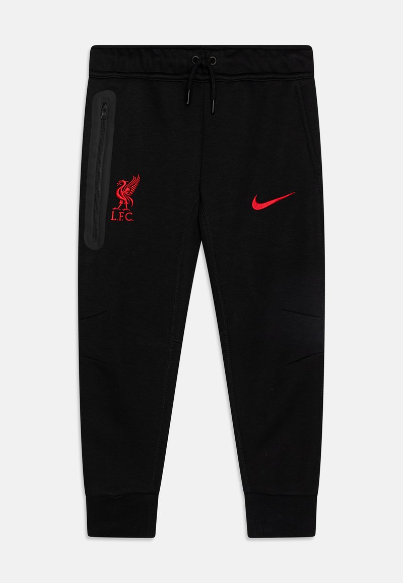 Pantalones de chándal negros hechos de una mezcla de algodón, con un logo rojo de Liverpool FC, el swoosh de Nike, un bolsillo con cremallera y puños ajustados.