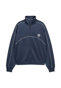Námořnicky modrá bunda na zip s vysokým límcem, bílými lemovkami a logem na levé straně hrudi. Vyrobena z lehké, texturované tkaniny.