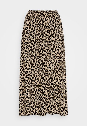Kattmønster midi-skjørt i beige og svart. Har elastisk midje og plisserte detaljer for bedre bevegelse og passform.