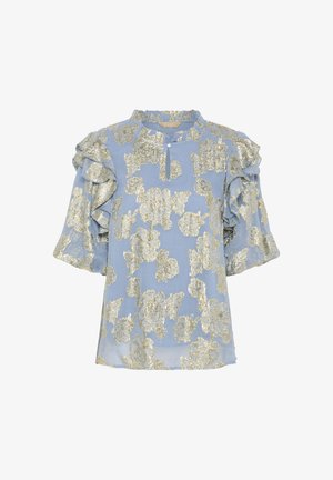 Šviesiai mėlyna bluzonė su auksiniais gėlių raštais, raukšlėmis rankovėmis ir rakto formos iškirpte. Pagaminta iš minkštos, lengvos medžiagos.