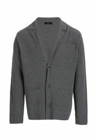 Grijze geribbelde cardigan met een geknipt kraag, twee voorzakken en knoopsluiting. Het gestructureerde materiaal voegt diepte toe aan het ontwerp.