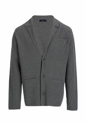 Grijze geribbelde cardigan met een geknipt kraag, twee voorzakken en knoopsluiting. Het gestructureerde materiaal voegt diepte toe aan het ontwerp.