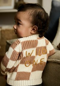 Strickpullover in Creme und gedämpftem braunem Karomuster mit "WILD ONE" in Gelb auf dem Rücken gestickt. Texturiertes, warmes Material.
