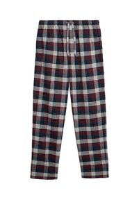 Pantalon de détente à carreaux en bordeaux, marine et gris. Il présente une taille élastique avec cordon de serrage, des jambes droites et un tissu doux et respirant.