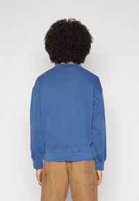 Sudadera de algodón azul con cuello redondo, puños acanalados y un ajuste relajado. Presenta un color sólido sin patrones ni adornos visibles.