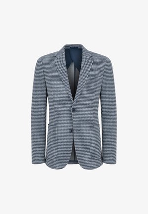 Męska marynarka w niebiesko-biały wzór pepitki, z klapami z wycięciem, dwoma guzikami z przodu oraz przednimi kieszeniami z klapkami.