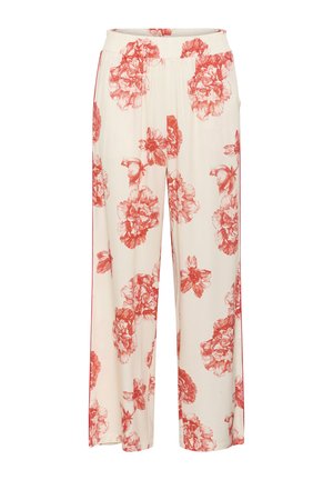 Pantalons blancs avec un grand imprimé floral rouge, taille élastique et design à jambes droites. Tissu léger, sans matériel visible ni accents.