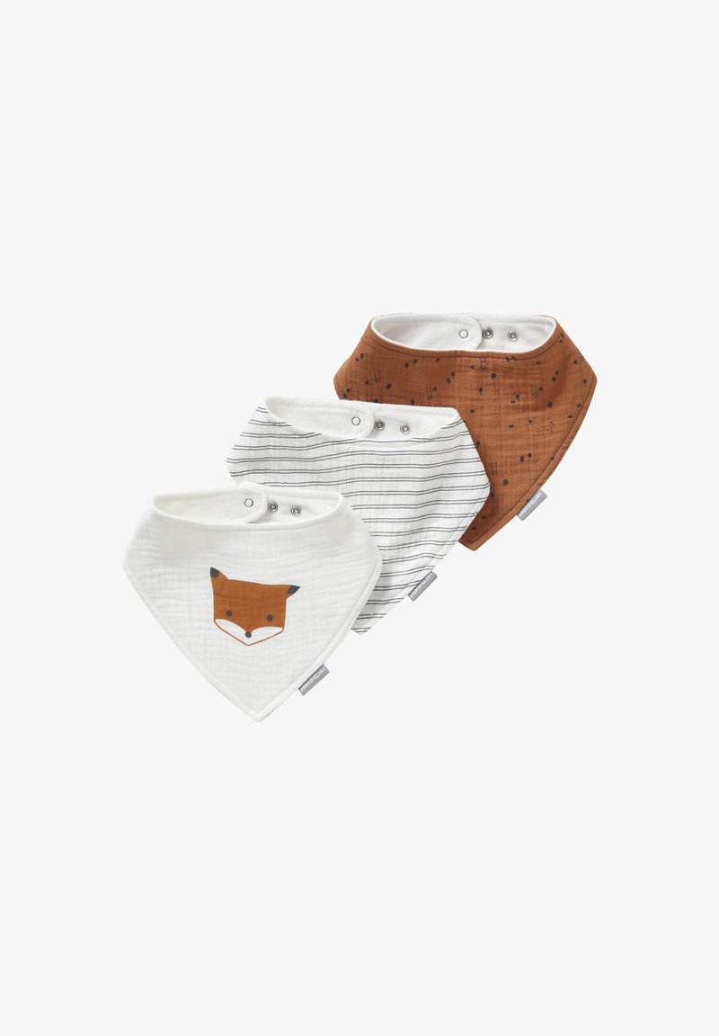 Drei Baby-Bandana-Lätzchen mit Druckknopfverschlüssen; eines in Weiß mit Fuchs-Gesicht, eines in Weiß mit schwarzen Streifen und eines in rostfarbener Ausführung mit kleinen schwarzen Drucken.