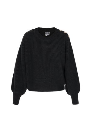 Suéter negro de punto con cuello redondo, mangas fruncidas y botones decorativos en un hombro. Tejido texturizado con un acabado acogedor.