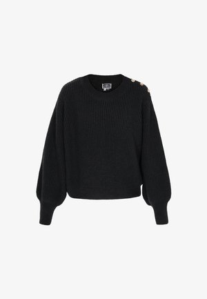 Suéter negro de punto con cuello redondo, mangas fruncidas y botones decorativos en un hombro. Tejido texturizado con un acabado acogedor.