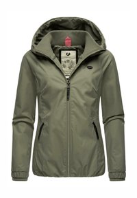 Olive green waterproof jacket with a hood, zippered front, two side pockets, and elastic cuffs. Interior displays floral pattern.