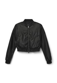 Giubbotto bomber in pelle nera con design corto, polsini e orlo a coste, chiusura frontale con zip e tasche laterali. Texture liscia con finitura opaca.