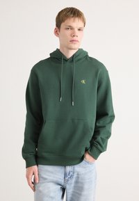 Zelená mikina s kapucňou z bavlnenej zmesi, s prednou kapsou, ribovanými manžetami a malým zlatým logom CK. V kombinácii so svetlomodrými džínami.