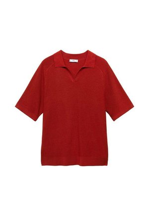 Polo shirt rosso a maniche corte realizzato in tessuto a maglia, con colletto a V e vestibilità comoda, dotato di spacchi laterali sull'orlo.