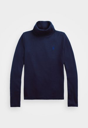 Suéter de cuello alto azul marino hecho de tejido suave. Mangas largas, diseño ajustado, con un pequeño logo bordado en el pecho.