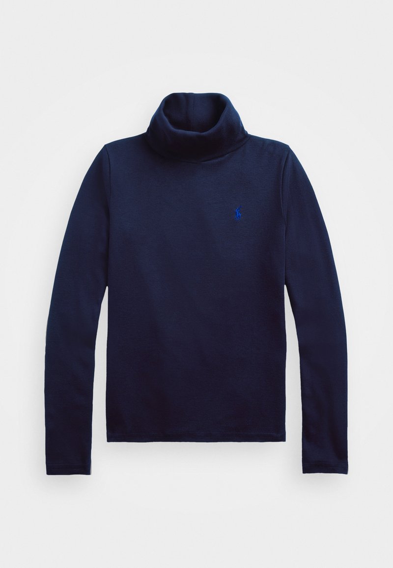 Tamn/navy modri pulover s turtleneck iz mehkega materiala. Dolgi rokavi, oprijet kroj, vsebuje majhen vezen logotip na prsih.